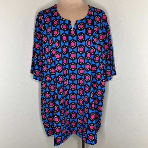 Ulla Popken Top 24/26 Womens Geometric Split Neck Cotton Blend Short Sleeve New - Picture 2 of 10